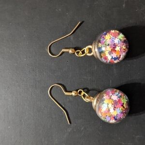 Gold Tone Rainbow Star Filled Balls Dangle Statement Earrings